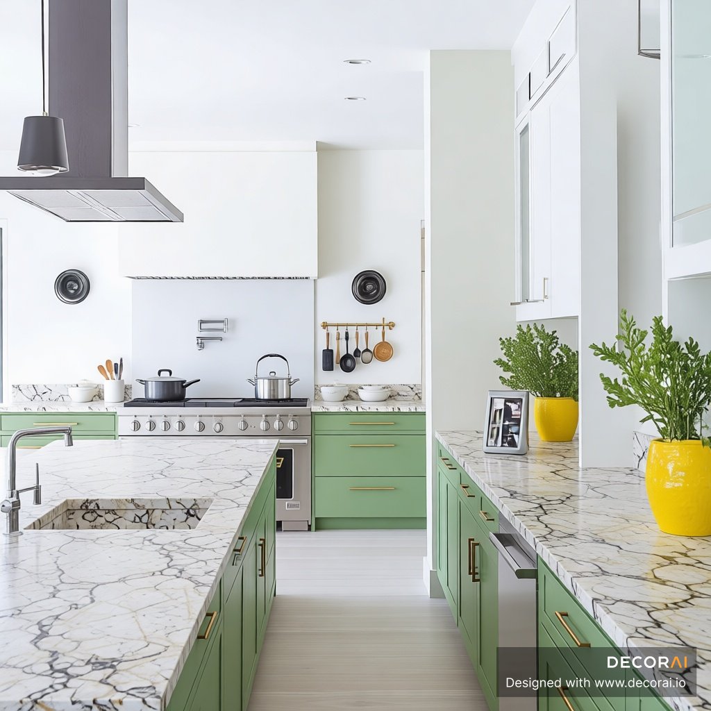 Modern island kitchen with sage green cabinetry, white marble countertops, stainless steel appliances, yellow plant pots, and minimalist brass hardware.