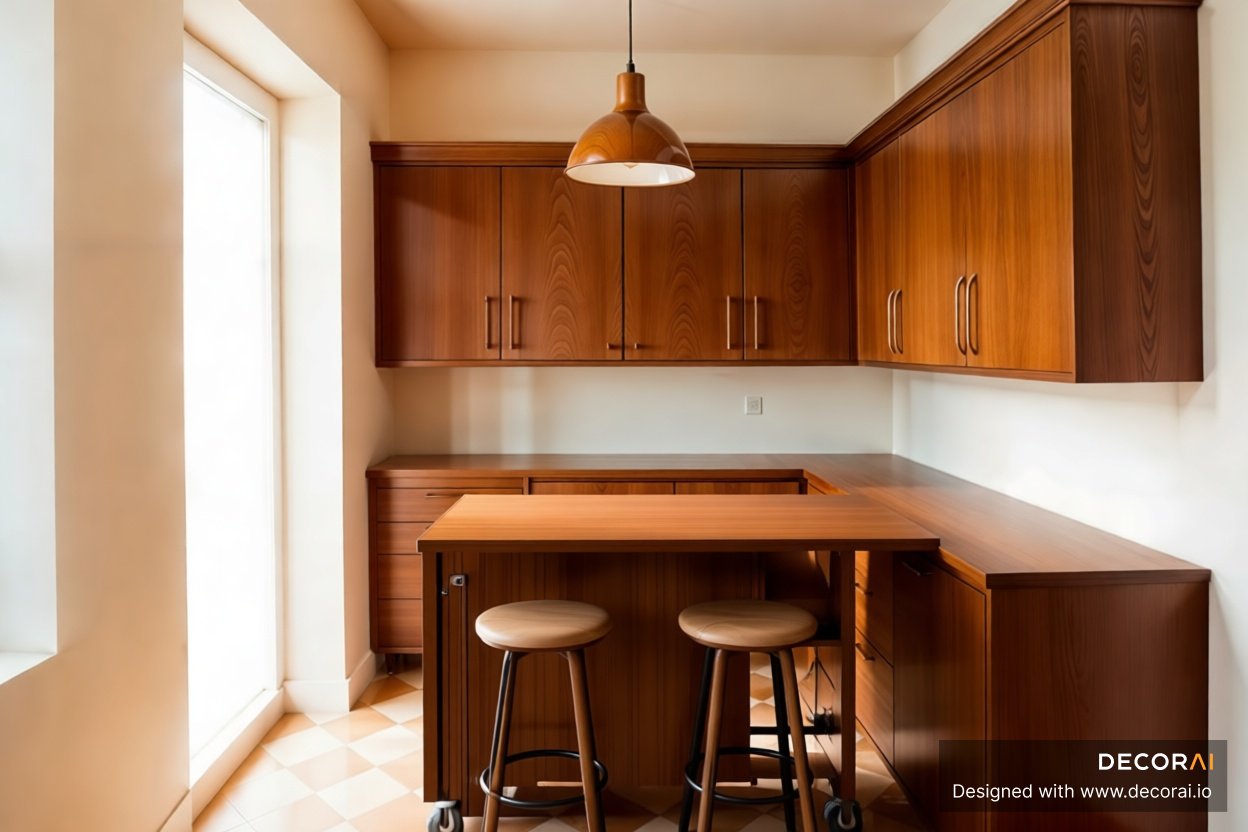 Mid-Century Modern kitchen with warm wood cabinetry, minimalist pendant light, two wooden stools, and soft natural light.