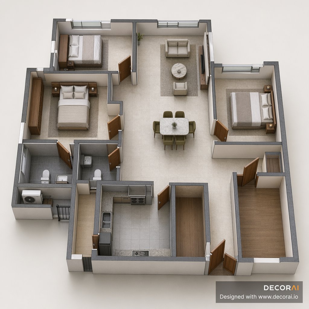 A 3D top-down apartment floor plan showing bedrooms, bathrooms, kitchen, open living and dining area, large terrace, furniture placement, doors, windows, and tiled flooring.