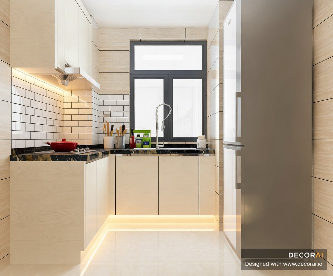 Modern kitchen with light wood cabinetry, black marble countertops, white subway tile backsplash, under-cabinet LED lighting, refrigerator, and large window.