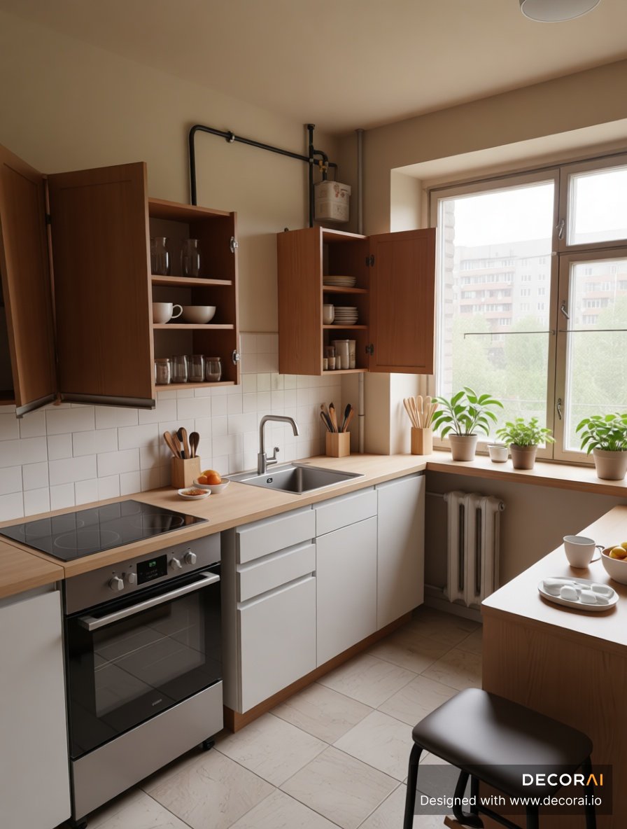 A contemporary kitchen with light wood countertops, white cabinets, open wooden upper cupboards, stainless steel oven, large window, potted plants, and neutral warm atmosphere.