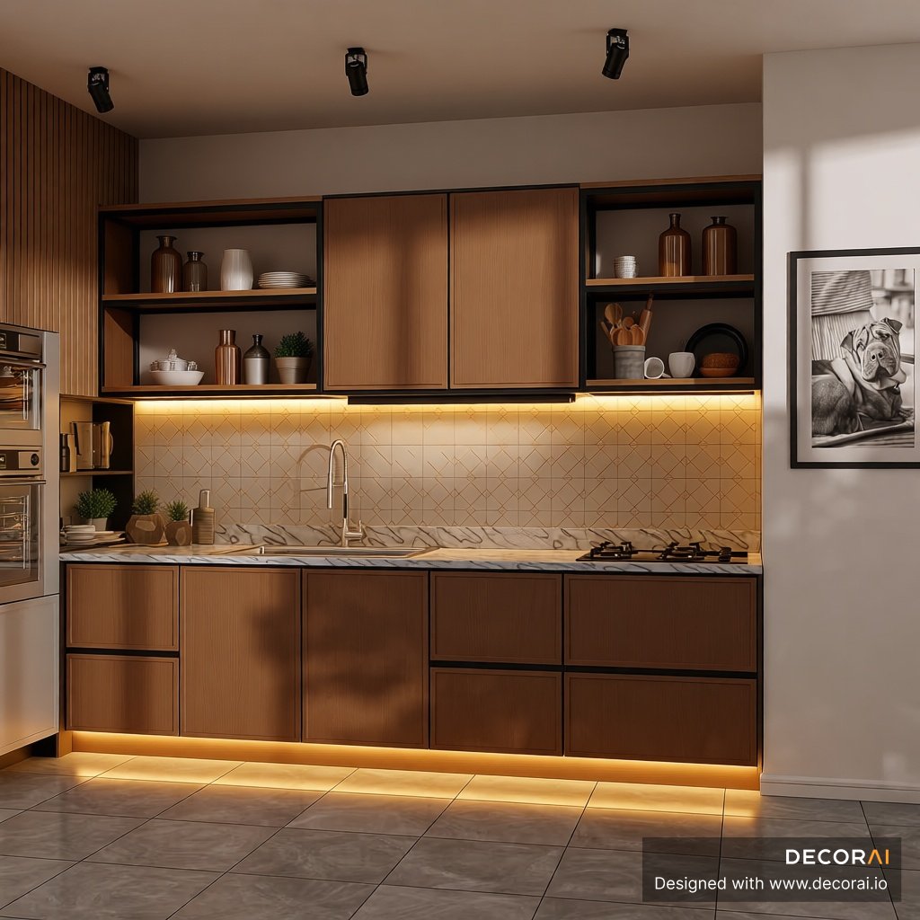 Contemporary open kitchen with warm wood cabinetry, marble countertop, under-cabinet LED lighting, sleek stainless steel appliances, and minimalist open shelving.