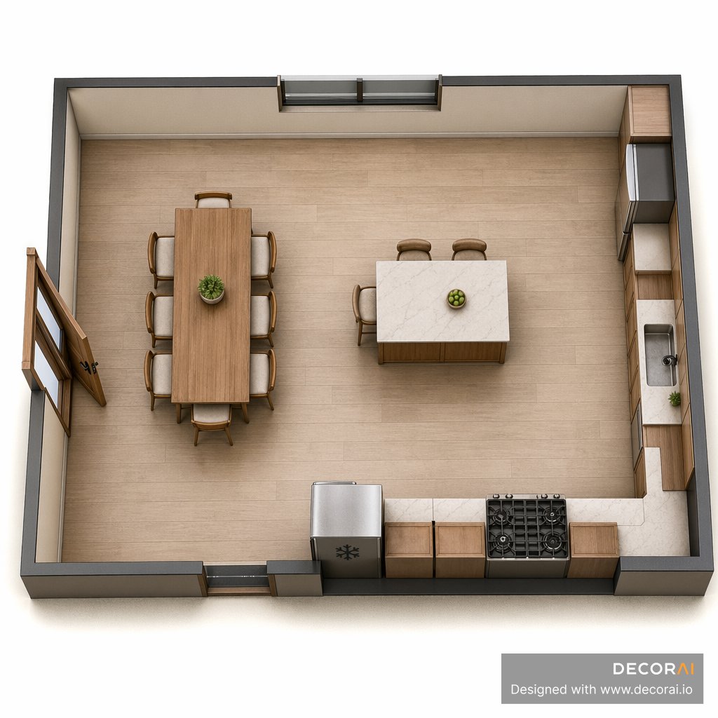 A 3D top-down kitchen floor plan showing a rectangular room with a dining table, central island with seating, perimeter cabinets, sink, stove, refrigerator, wood flooring, windows, and double doors.