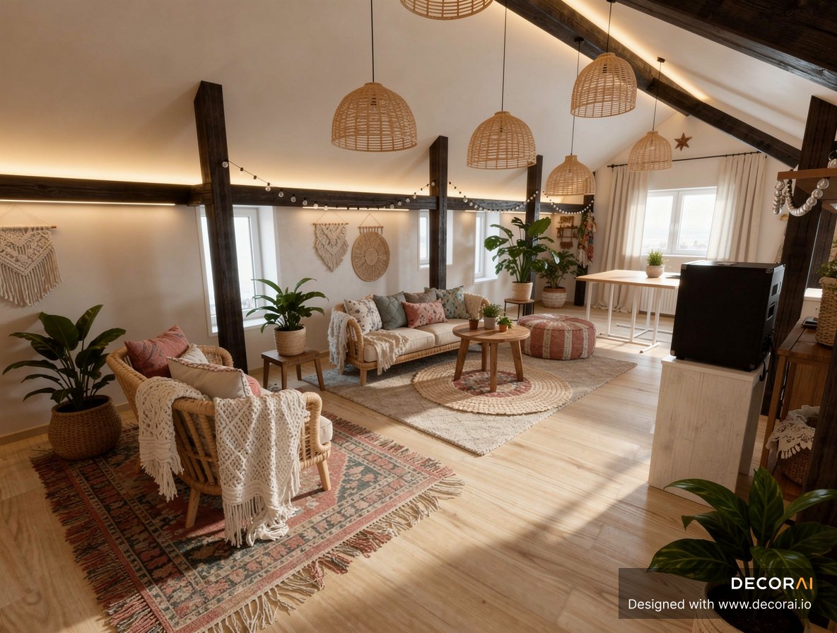 Bohemian living room with rattan pendant lights, exposed wood beams, woven furniture, layered rugs, and warm neutral tones