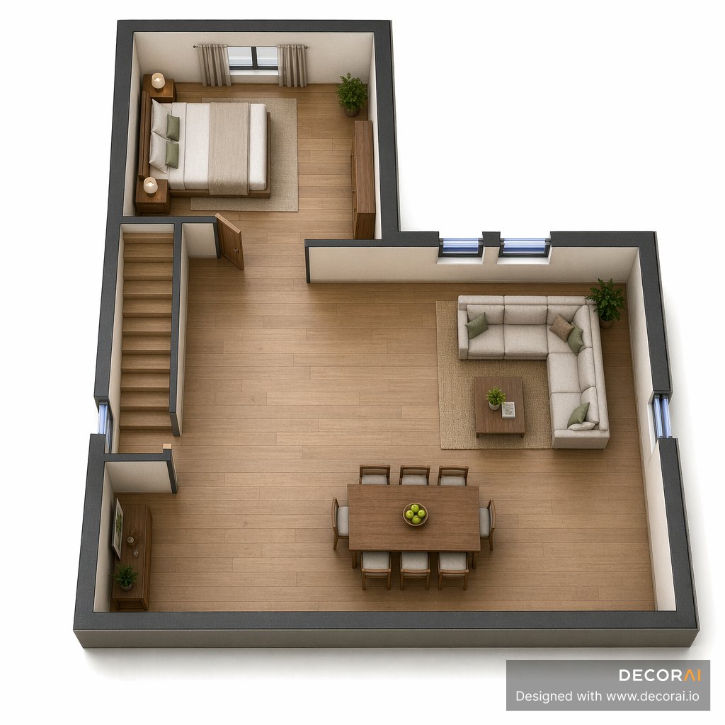 A 3D floor plan rendering of a small apartment layout with a bedroom, open living and dining area, staircase, sectional sofa, dining table, wood flooring, and simple furniture placement.