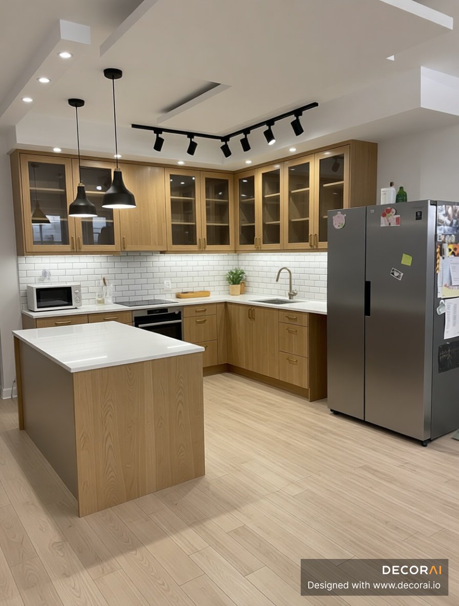 Modern Scandinavian kitchen with light wood cabinets, white subway tile backsplash, black pendant lights, and central island countertop