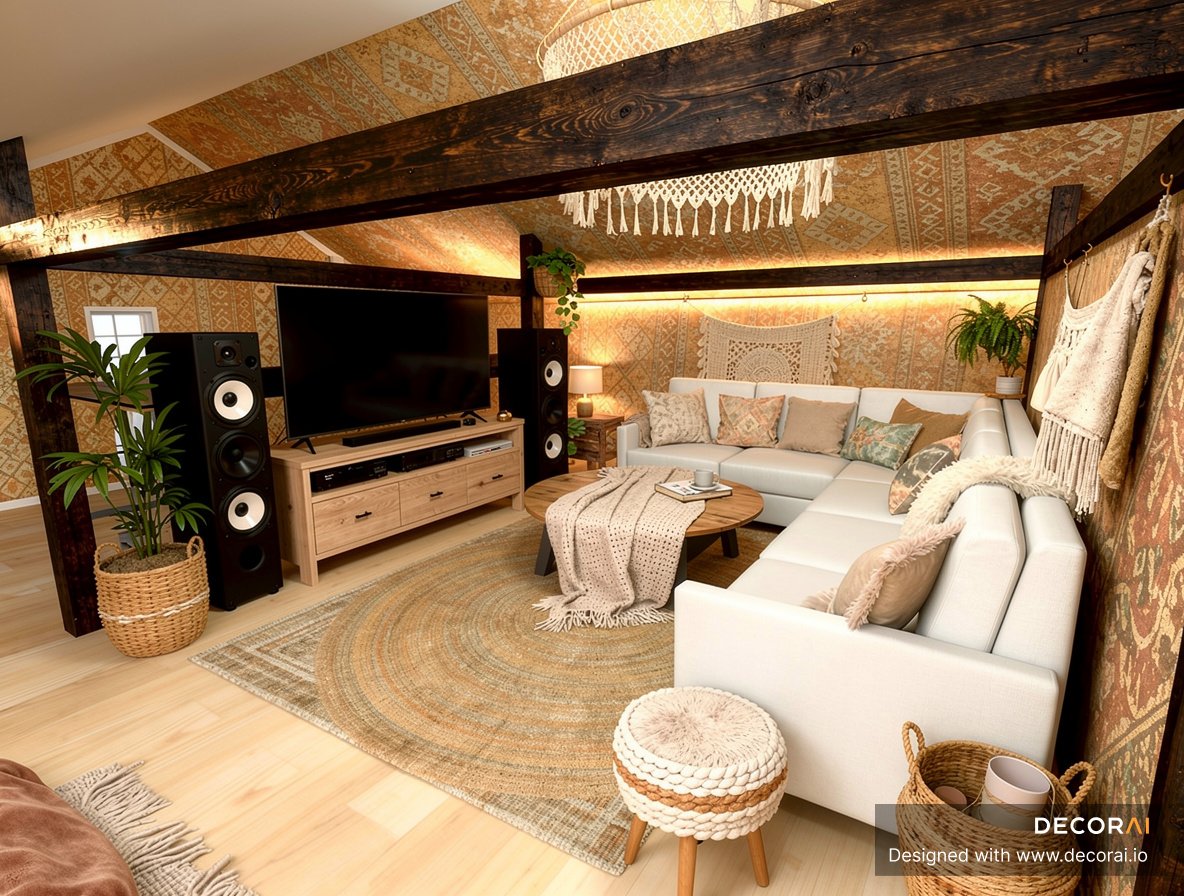 A Modern Farmhouse living room with warm earthy tones, white sectional sofa, wooden beams, macramé wall hangings, woven rug, plants, and cozy layered textures.