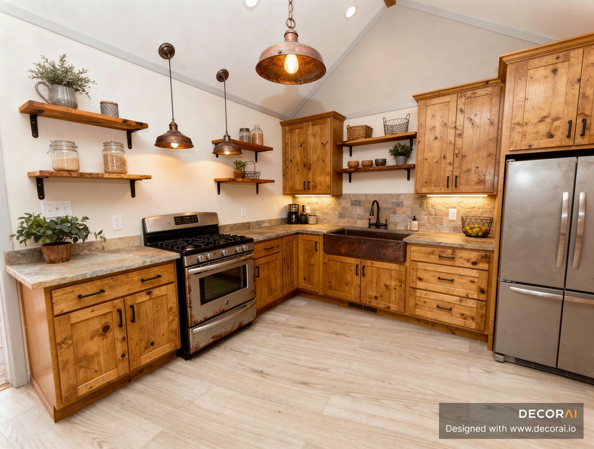 Rustic l-shaped kitchen with natural wood cabinets, open shelving, farmhouse sink, pendant lighting, and warm neutral finishes