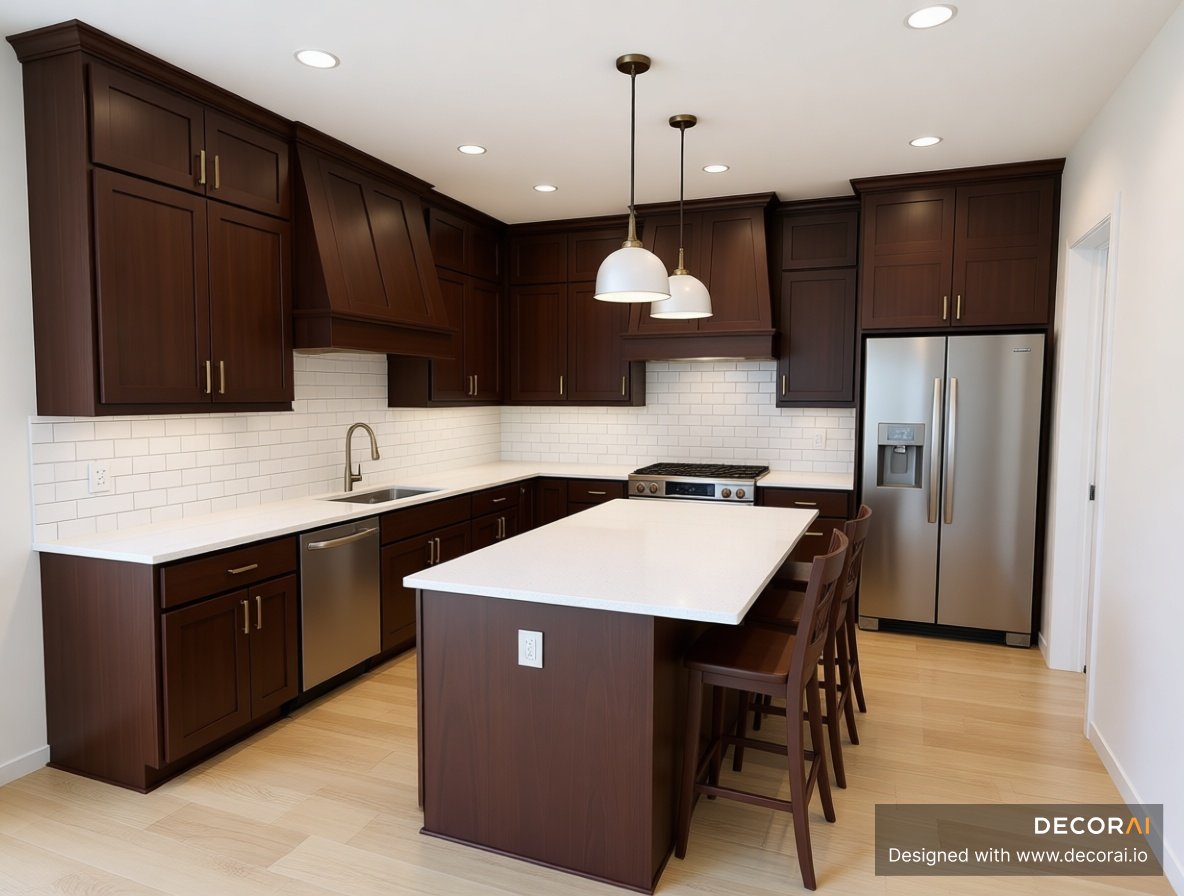 Mediterranean Island kitchen featuring dark wood cabinetry, white quartz countertops, subway tile backsplash, stainless steel appliances, central island with seating, and warm recessed lighting.