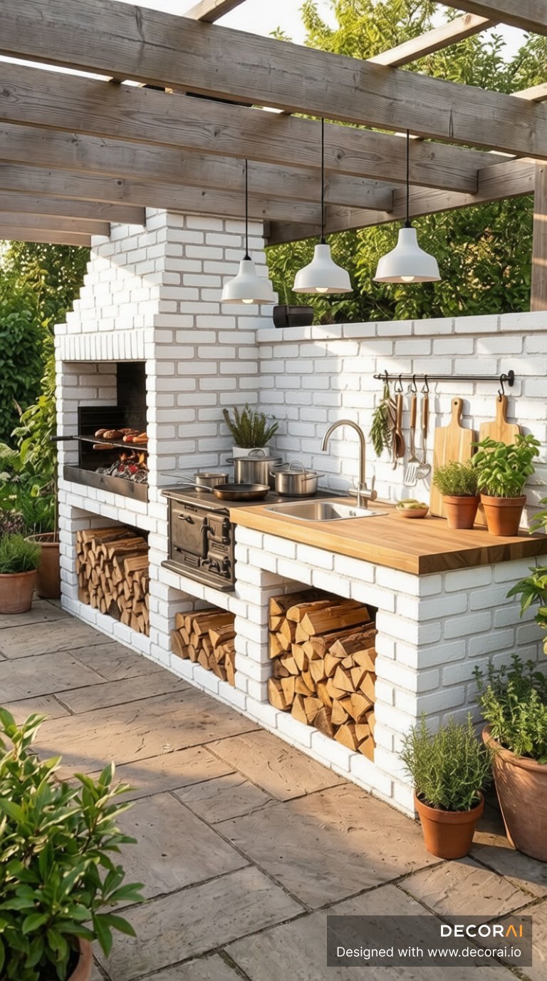 Rustic outdoor kitchen with white brick grill station, wood countertops, pergola beams, pendant lighting, and stacked firewood storage.