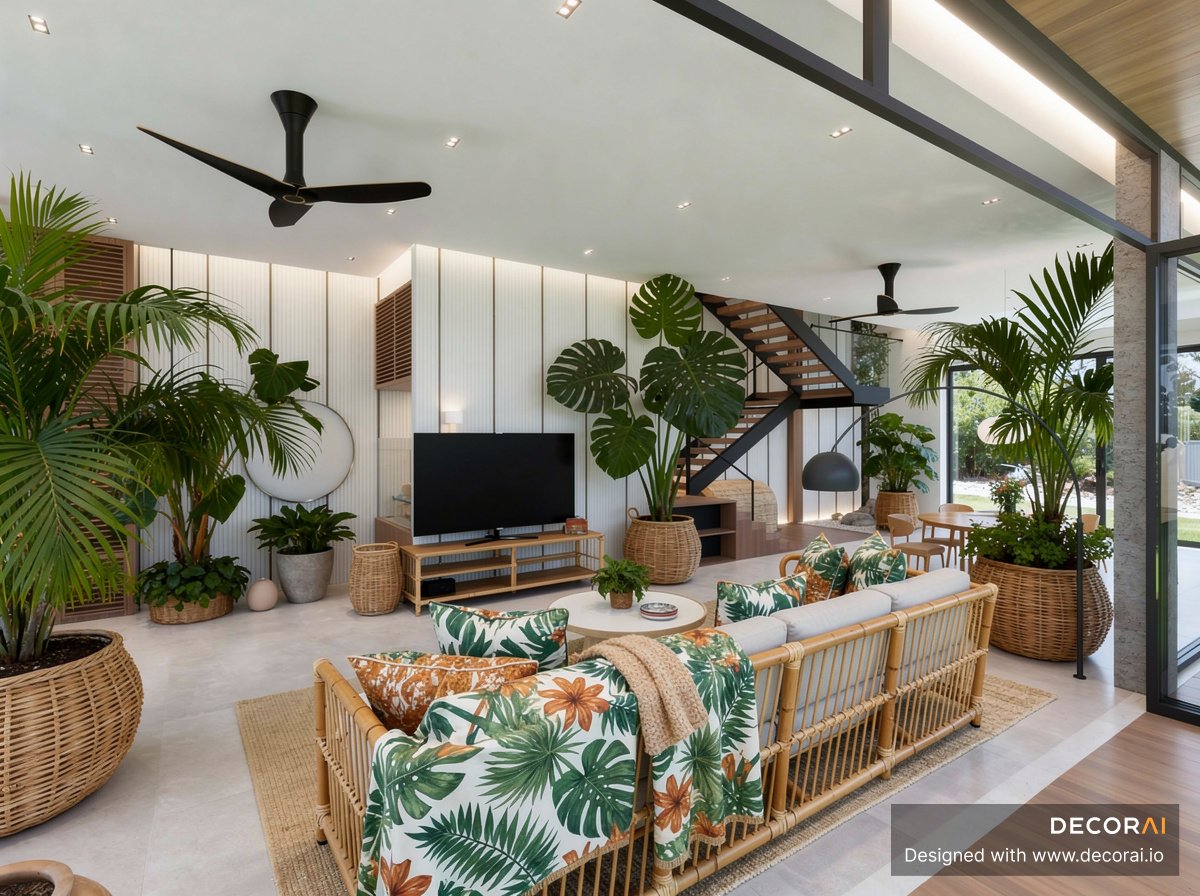 Modern tropical living room with rattan sofa, botanical patterned cushions, large green plants, neutral tones, minimalist wood and white walls.
