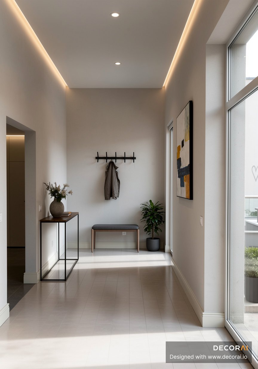 Modern minimalist entryway with neutral beige walls, sleek black metal console table, gray bench, black coat rack, potted plant, abstract wall art, and natural light.