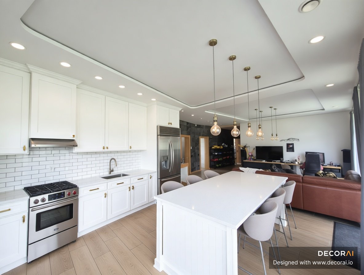 Bright modern open-concept kitchen with white cabinetry, subway tile backsplash, stainless steel appliances, large island with beige chairs, pendant lighting, and open layout to living area.