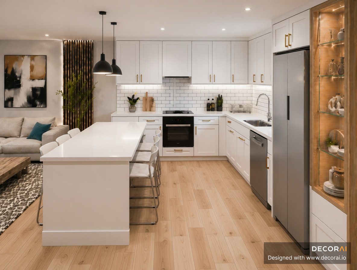 Modern open-concept kitchen with white cabinetry, large island seating, black pendant lights, brass hardware, and pale wood flooring
