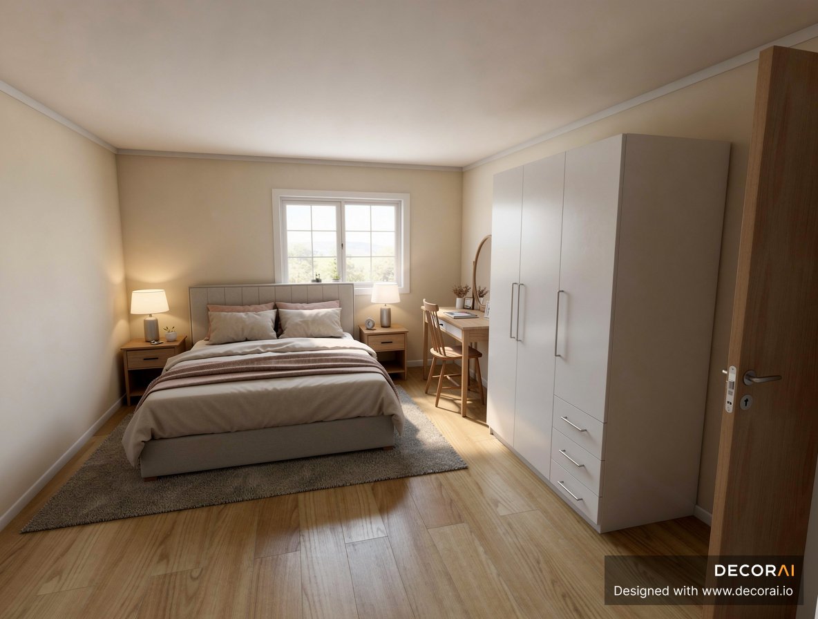 Contemporary bedroom with neutral beige walls, wooden flooring, upholstered bed, matching nightstands with lamps, white wardrobe, wooden desk with chair, and soft natural lighting.
