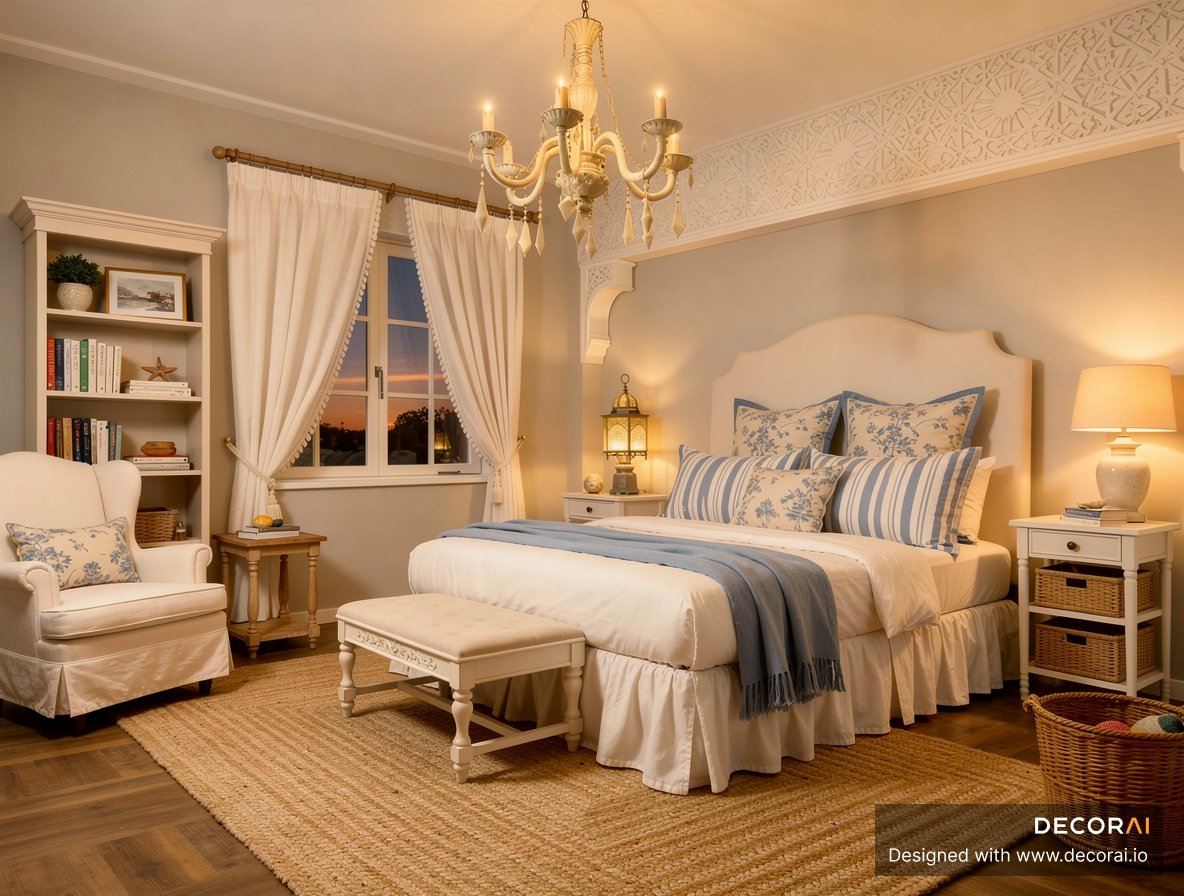 Traditional cottage bedroom with blue and white bedding, white furniture, chandelier, and cozy warm lighting.