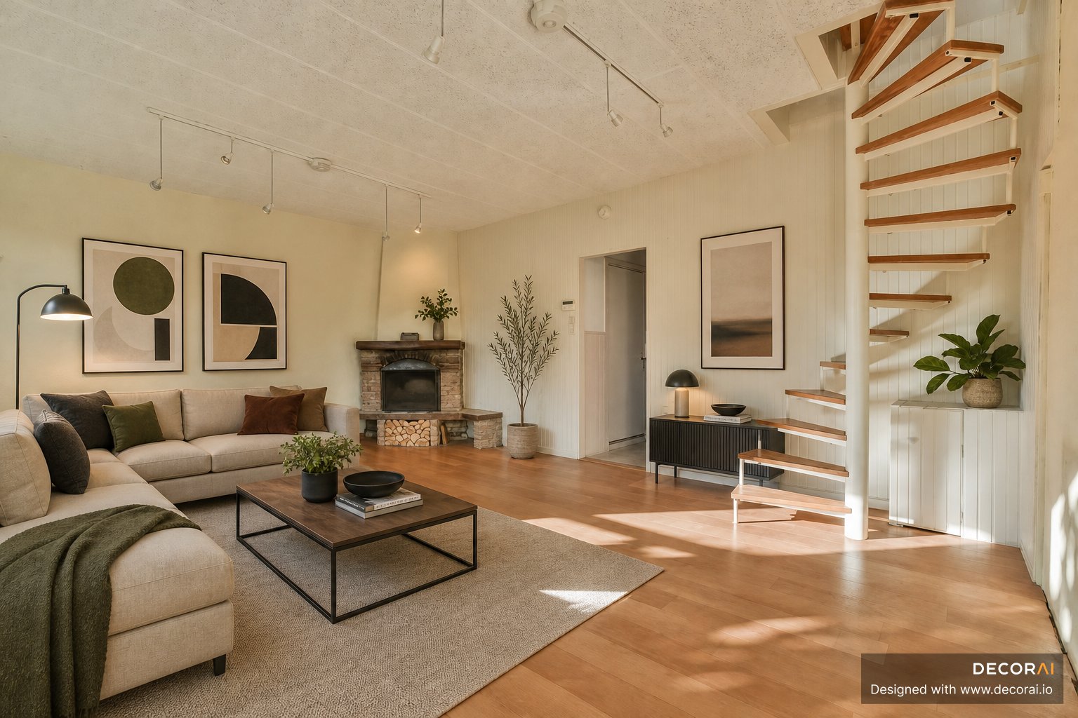 Modern Scandinavian living room with floating wood staircase, neutral sofa, fireplace, and warm wood flooring.