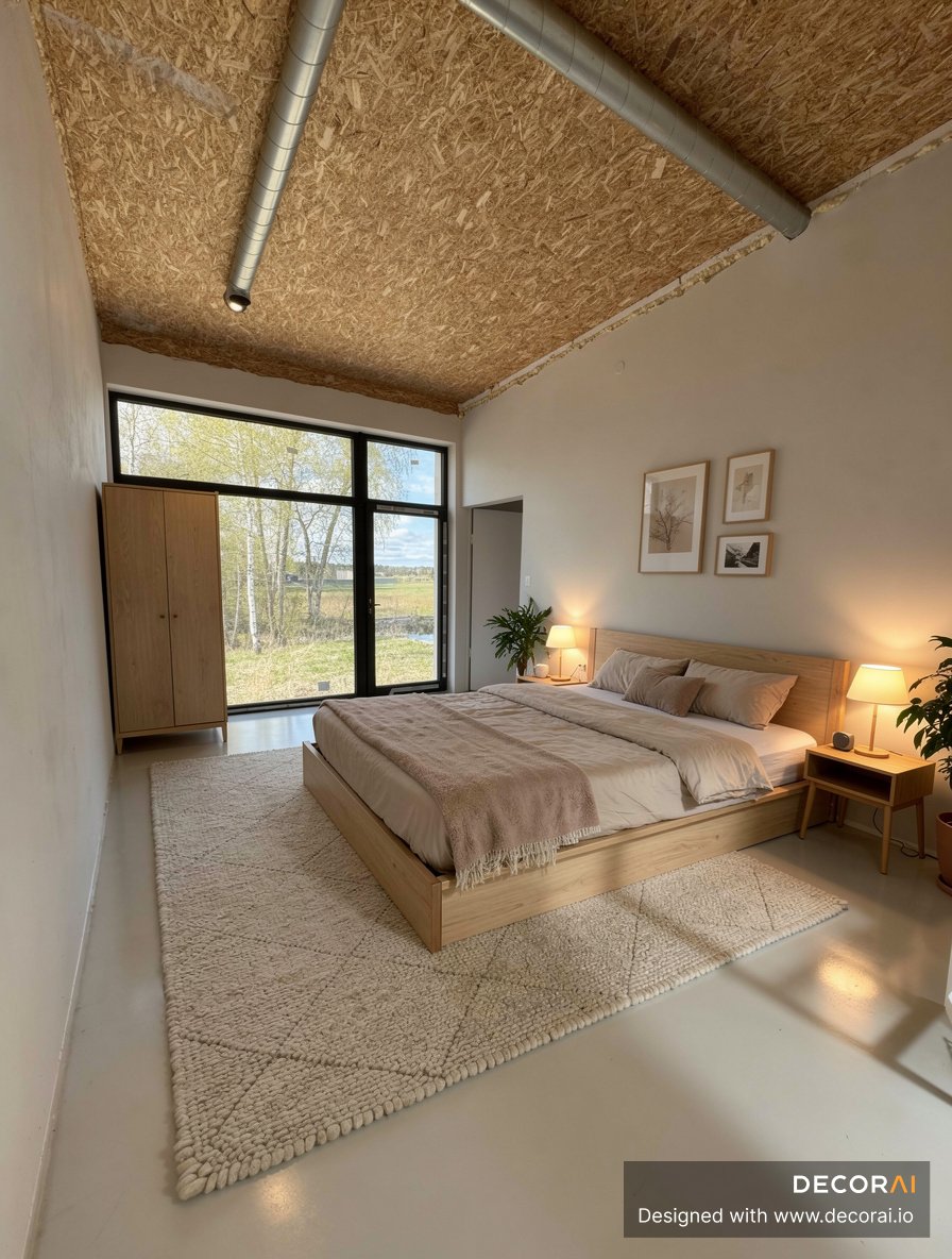A Scandinavian bedroom with natural wood bed frame, beige bedding, textured cream rug, large window overlooking greenery, minimalist decor, warm lighting, and cozy atmosphere.
