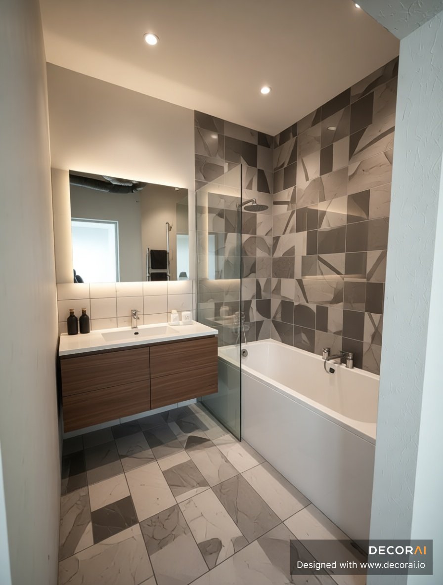 Contemporary bathroom featuring a floating wooden vanity, geometric gray and beige tiles, glass shower partition, and warm recessed lighting.