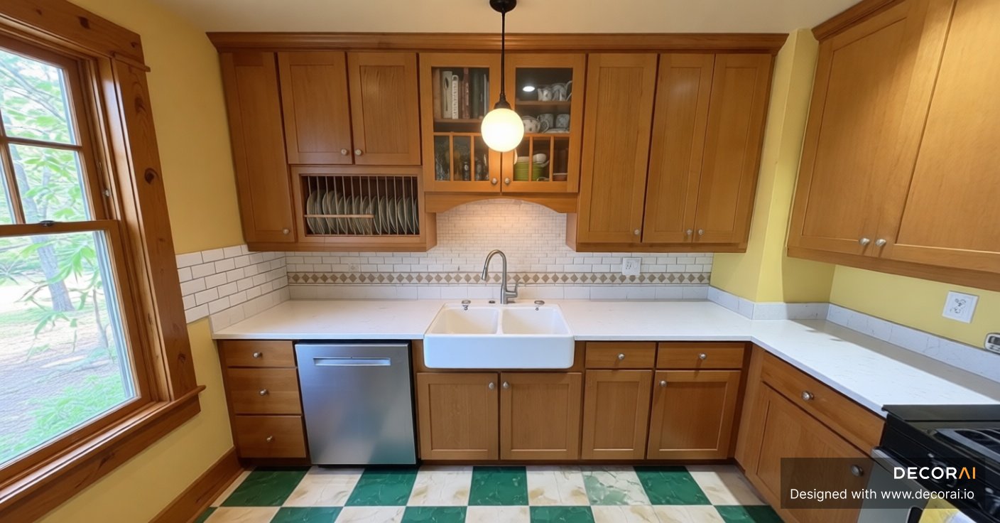 Dated l-shaped kitchen with warm honey oak cabinets, white subway tile backsplash, farmhouse sink, stainless steel appliances, green and white checkered floor, and cozy natural light.