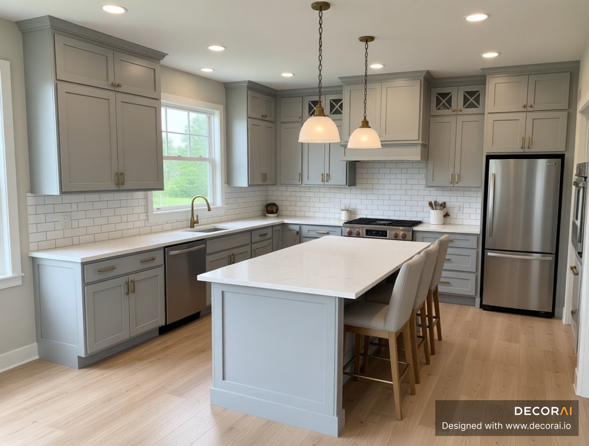 Transitional kitchen with gray cabinetry, white island countertop, pendant lighting, subway tile backsplash, and pale wood flooring