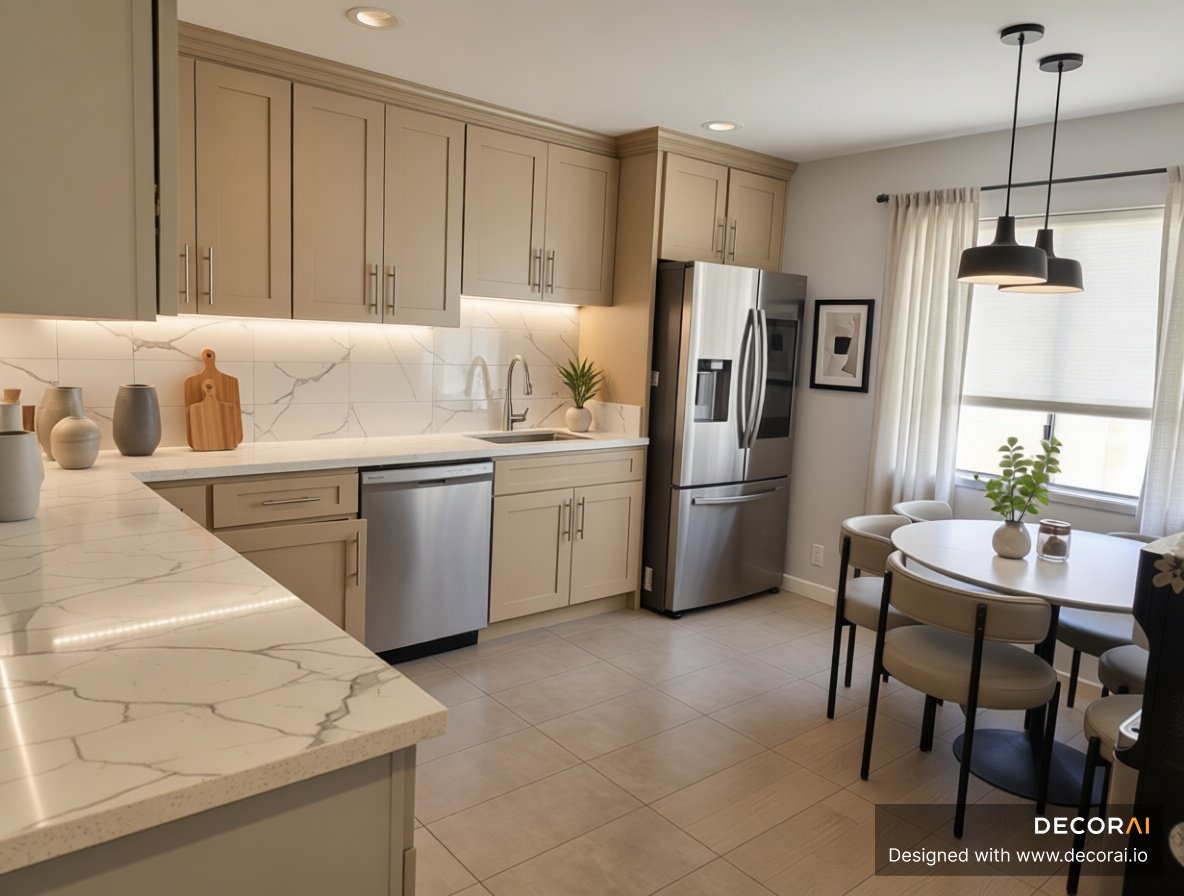 Transitional kitchen with beige cabinetry, marble-look wall panels, pendant lighting, compact dining area, and stainless steel appliances.