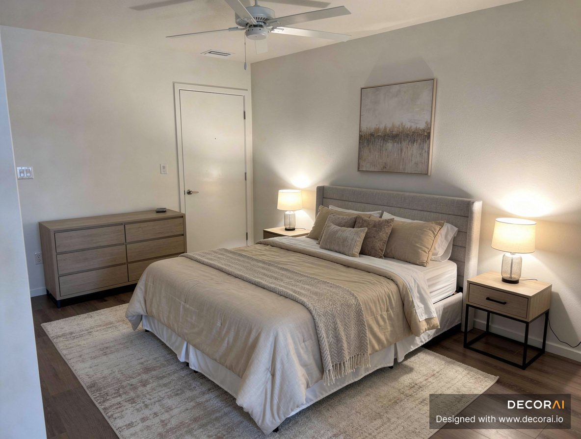 Contemporary bedroom with neutral beige tones, upholstered bed, layered pillows, wooden nightstands with lamps, abstract wall art, ceiling fan, and soft ambient lighting.