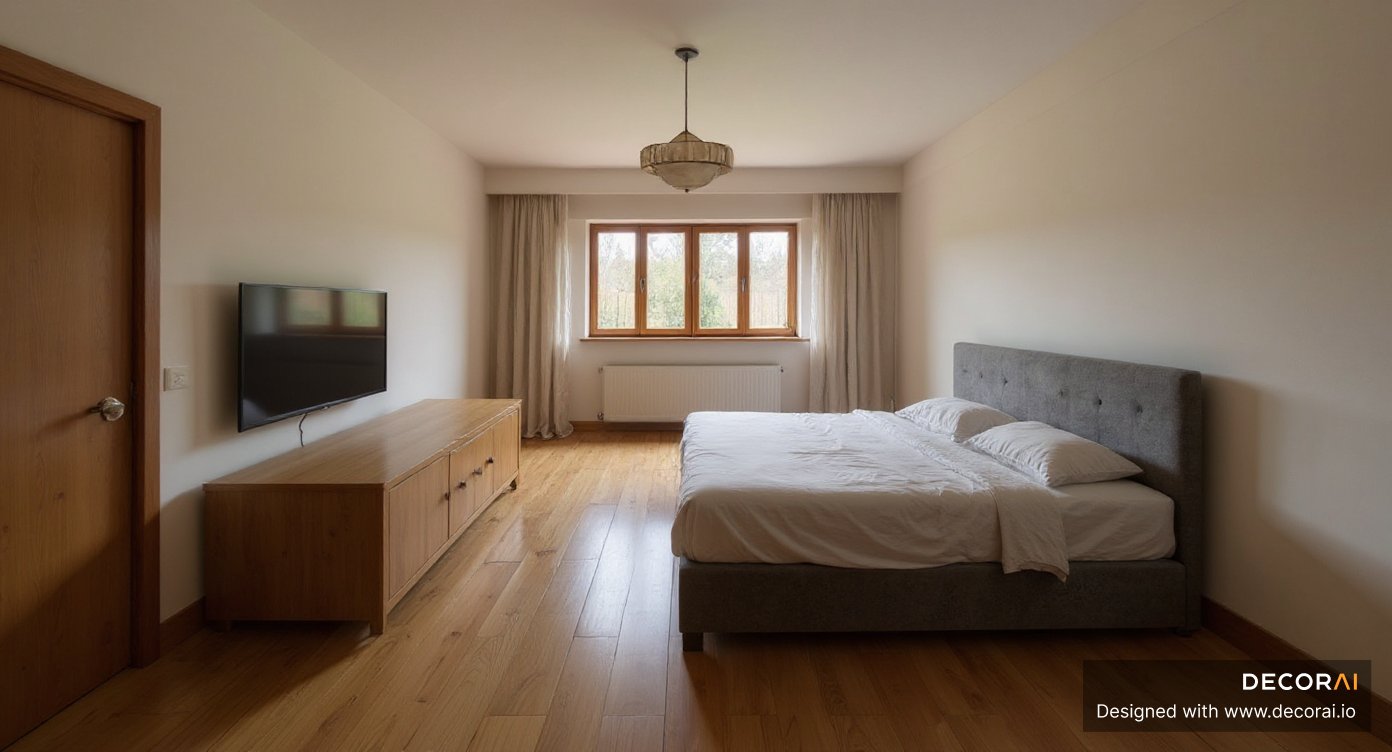 Minimalist bedroom with neutral tones, featuring a gray upholstered bed, wooden flooring, simple wooden cabinet, wall-mounted TV, and natural light from large window.