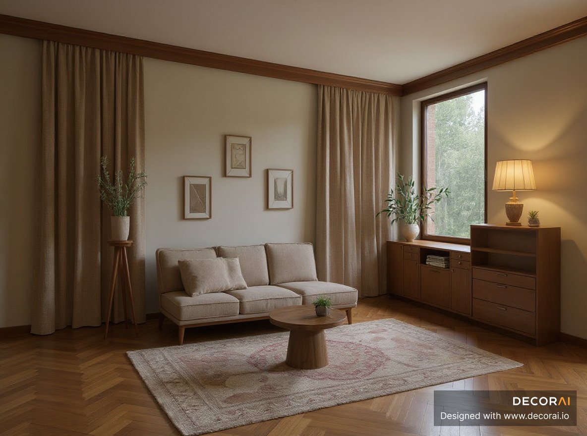 Mid-Century Modern living room with beige sofa, wooden coffee table, patterned rug, large window, warm lighting, neutral curtains, and natural wood accents.