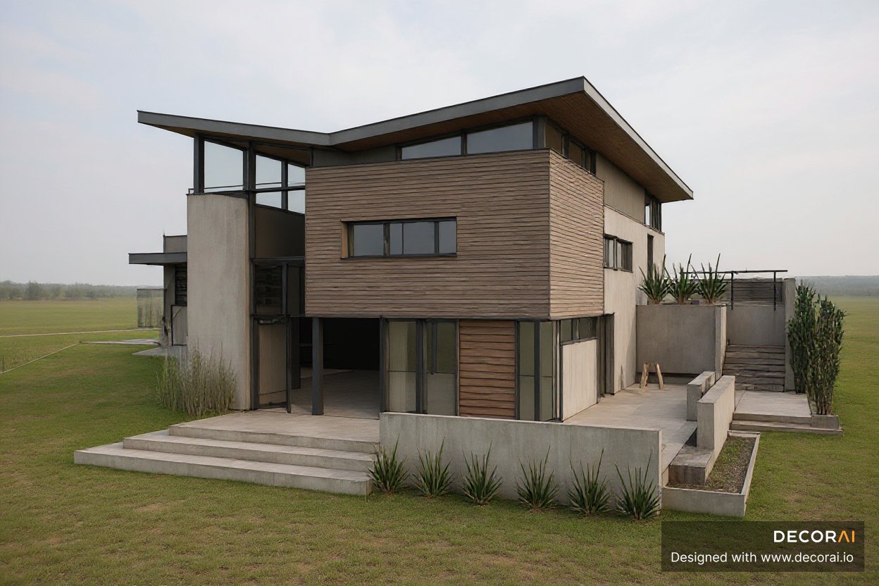 Contemporary house exterior with wood cladding, concrete walls, expansive glass windows, and minimalist landscaping