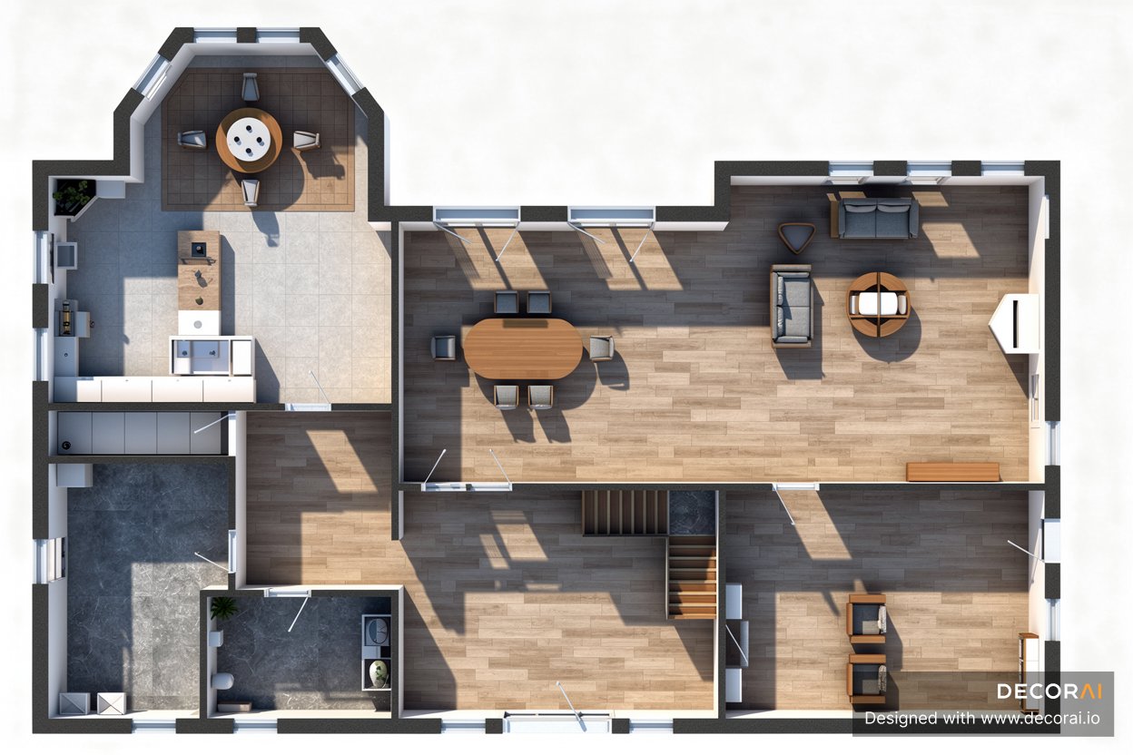 A 3D top-down floor plan of a home showing a modern layout with furnished living spaces. The design includes an eat-in kitchen with an island and breakfast nook, a dining area, formal living room with seating, additional family room, central staircase, bathroom, and utility spaces. Wood flooring, furniture placement, large windows, and natural light are visible throughout the rendered layout.