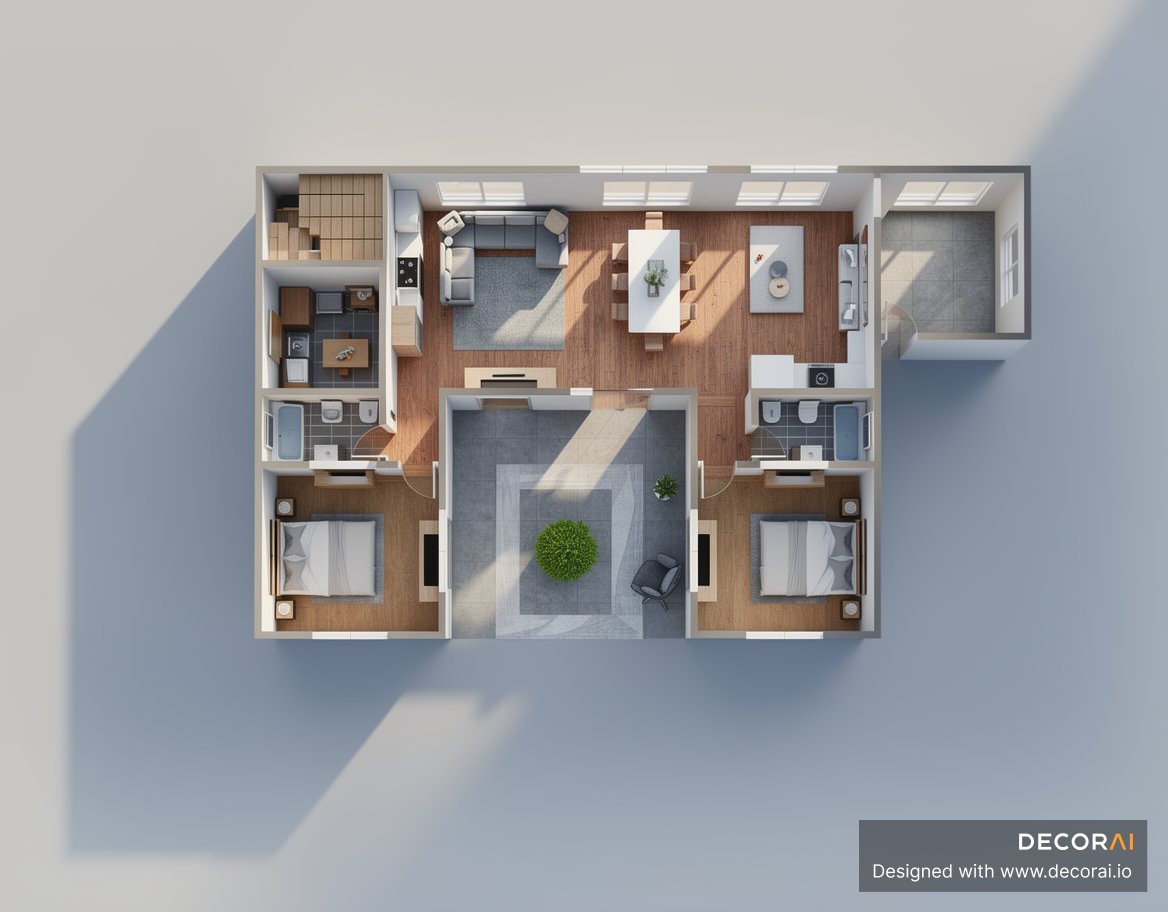 Top-view 3D floor plan of a modern two-bedroom apartment with open living, dining, kitchen, and central seating area.