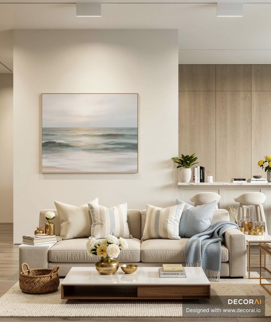 Contemporary living room with neutral beige sofa, striped and solid pillows, soft blue throw, ocean artwork, gold accents, woven basket, and light wood cabinetry.