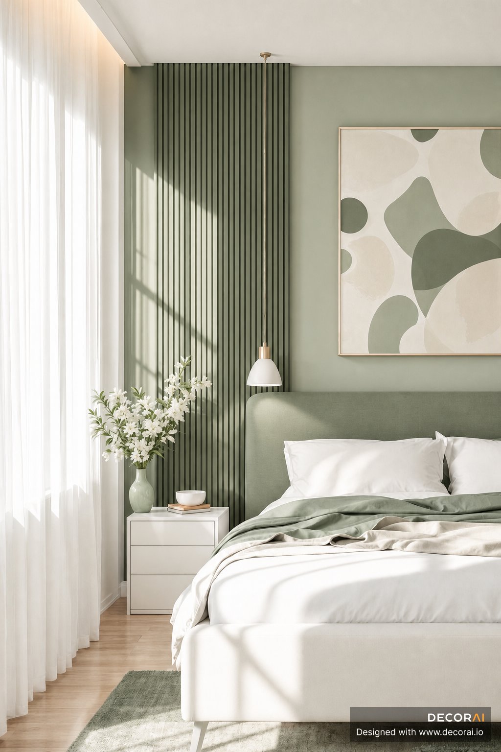 Modern bedroom with soft green and white tones, featuring a green upholstered bed, vertical textured wall panel, abstract art, white nightstand, and natural light.