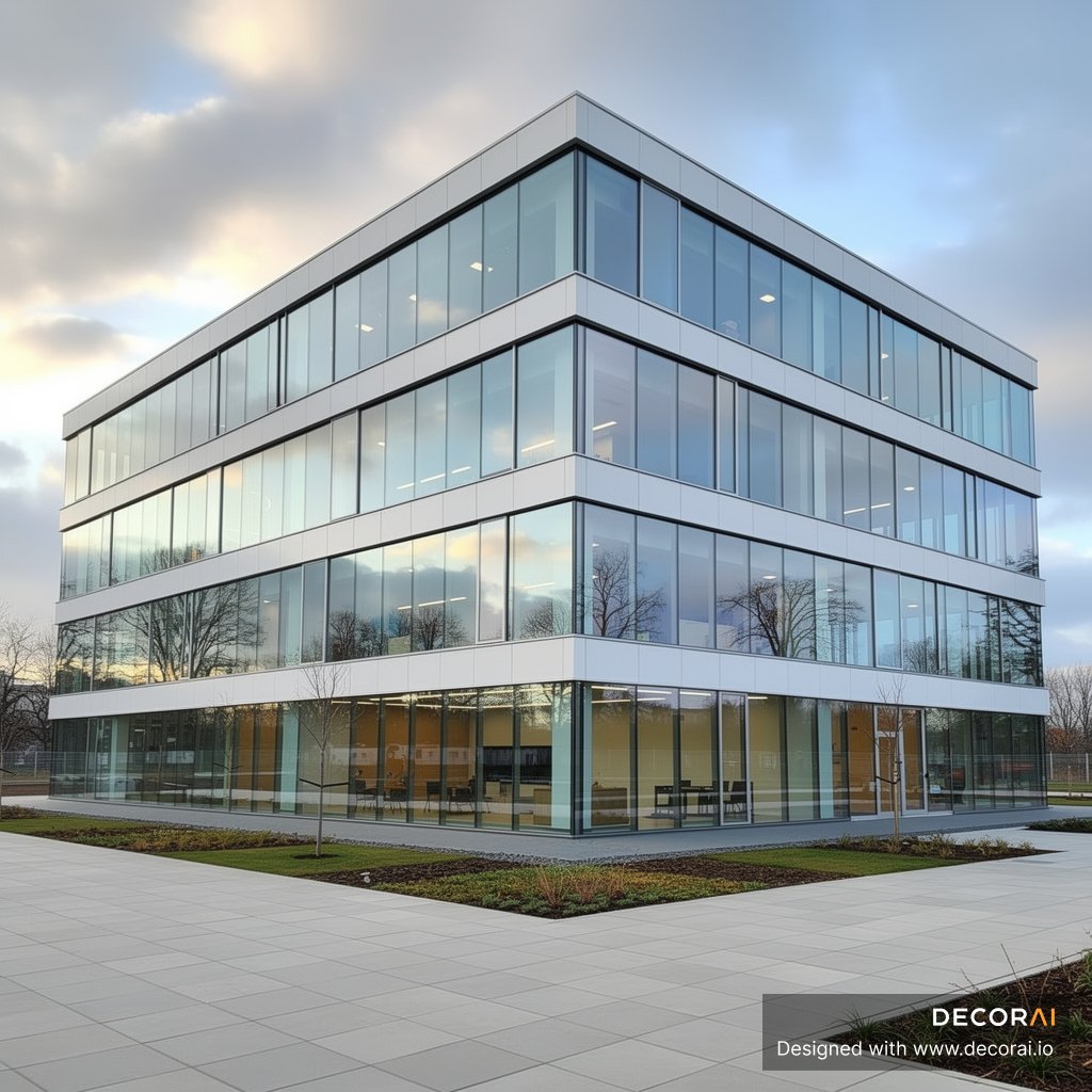 A modern commercial building exterior with sleek glass facades, clean white horizontal panels, minimalist landscaping, and a calm, professional atmosphere under a cloudy sky.