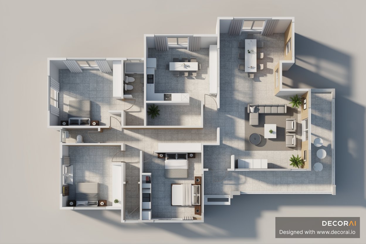 Realistic 3D floor plan render with furnished rooms, open living area, and modern interior layout.