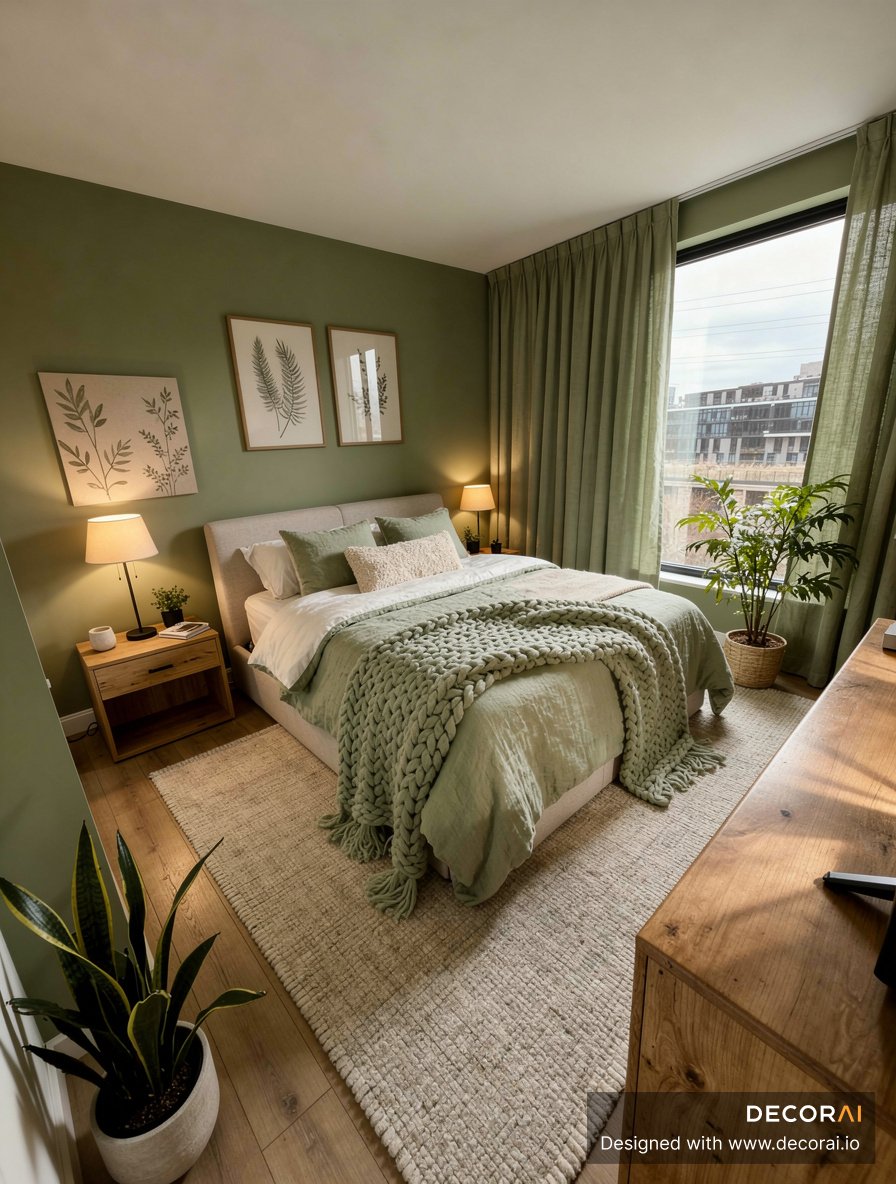 Modern Scandinavian bedroom with sage green walls, chunky knit blanket, wood furniture, and soft lighting