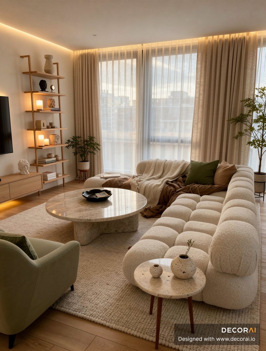 Modern Scandinavian apartment living room with curved boucle sofa, marble coffee table, and warm ambient lighting.