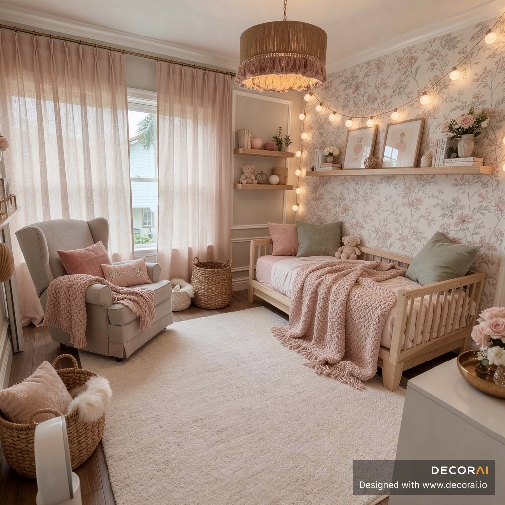 Contemporary kids bedroom with soft pink and beige tones, floral wallpaper, wooden daybed, armchair, string lights.