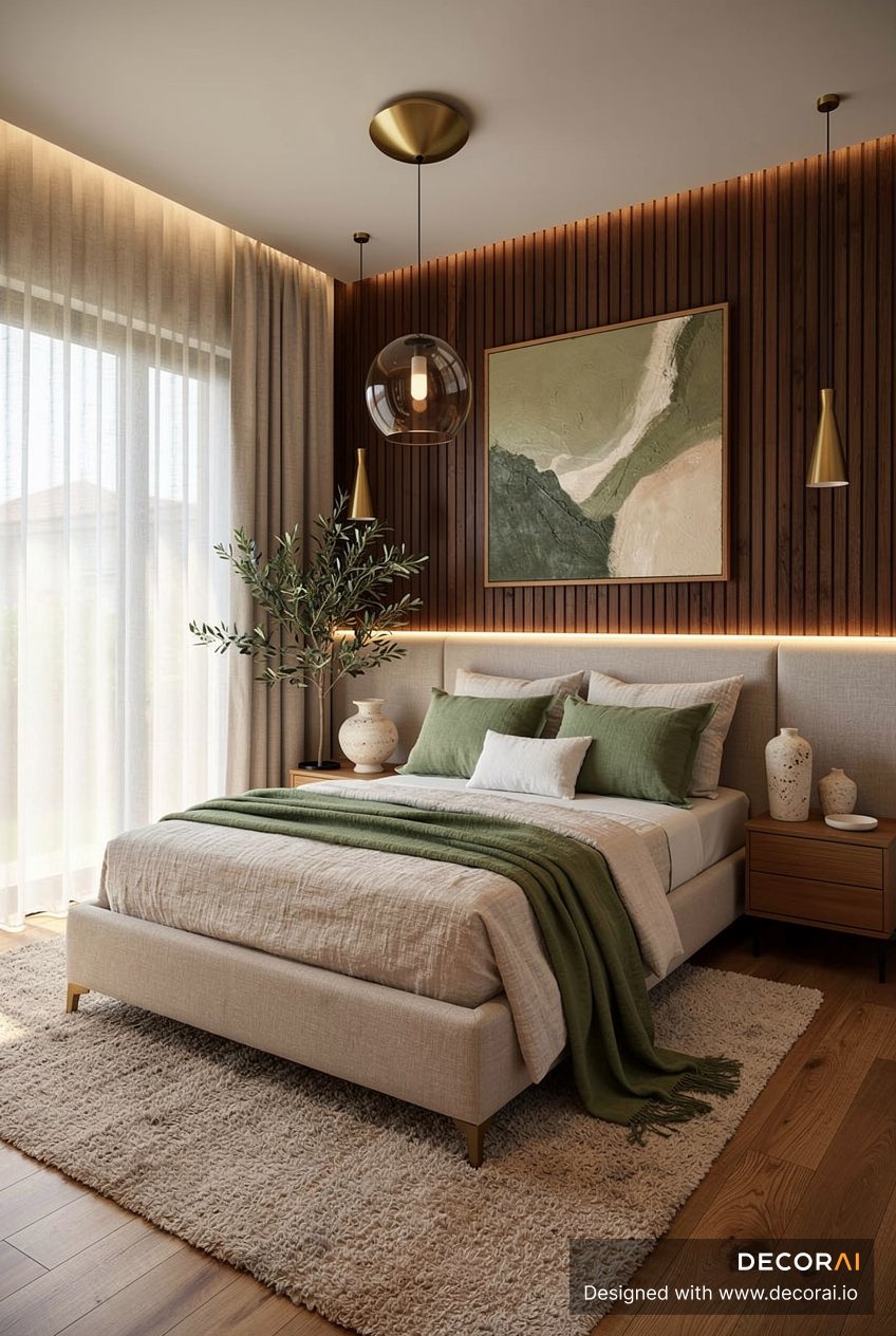 Modern Scandinavian bedroom with wood slat accent wall, green bedding, and warm ambient lighting.