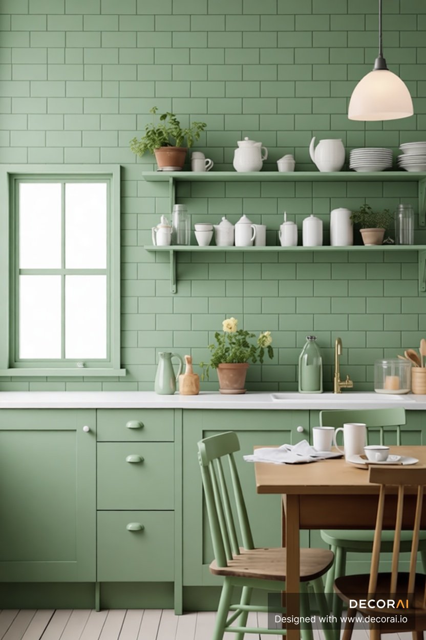 Modern Scandinavian kitchen with sage green cabinetry, matching tile walls, open shelving, wood dining table, and soft pendant lighting