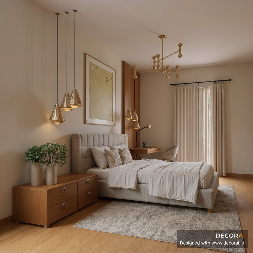 Contemporary bedroom with brass pendant lights, upholstered bed, warm wood furniture, neutral textiles, and soft ambient lighting