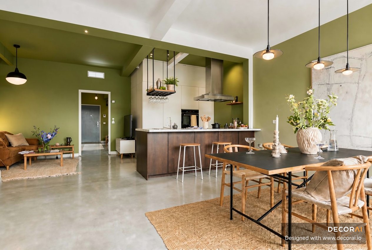 Modern open-plan dining and kitchen space with olive-green walls, wood furniture, and modern lighting.
