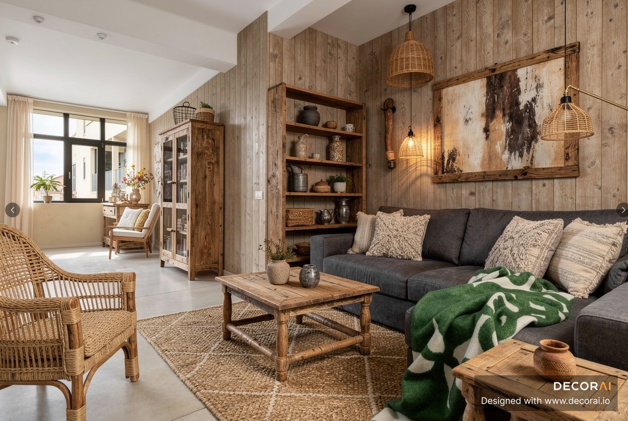 Rustic living room with wooden panel walls, woven furniture, gray sofa with textured pillows, green throw, natural light, and warm ambient lighting.