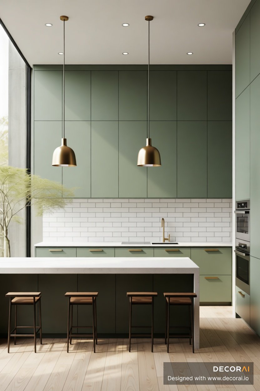 Modern covered patio kitchen with matte olive green cabinetry, white subway tile backsplash, brass fixtures, wooden bar stools, and warm natural light.