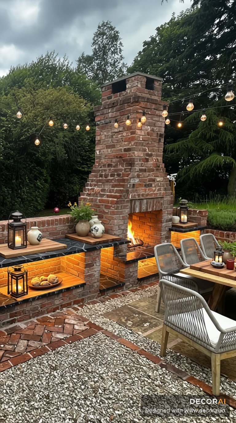 A Rustic Mediterranean outdoor patio with brick fireplace, string lights, cozy seating, wooden table, lanterns, and warm ambient lighting surrounded by lush greenery.