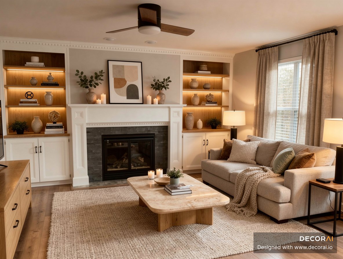 Contemporary living room featuring neutral beige tones, a cozy sofa with textured pillows, wooden coffee table, built-in shelves with decor, and warm ambient lighting.