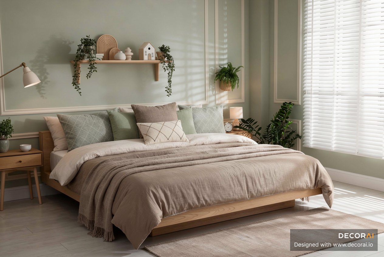 Scandinavian bedroom with muted green walls, light wood furniture, soft beige bedding, textured pillows, hanging plants, natural light.