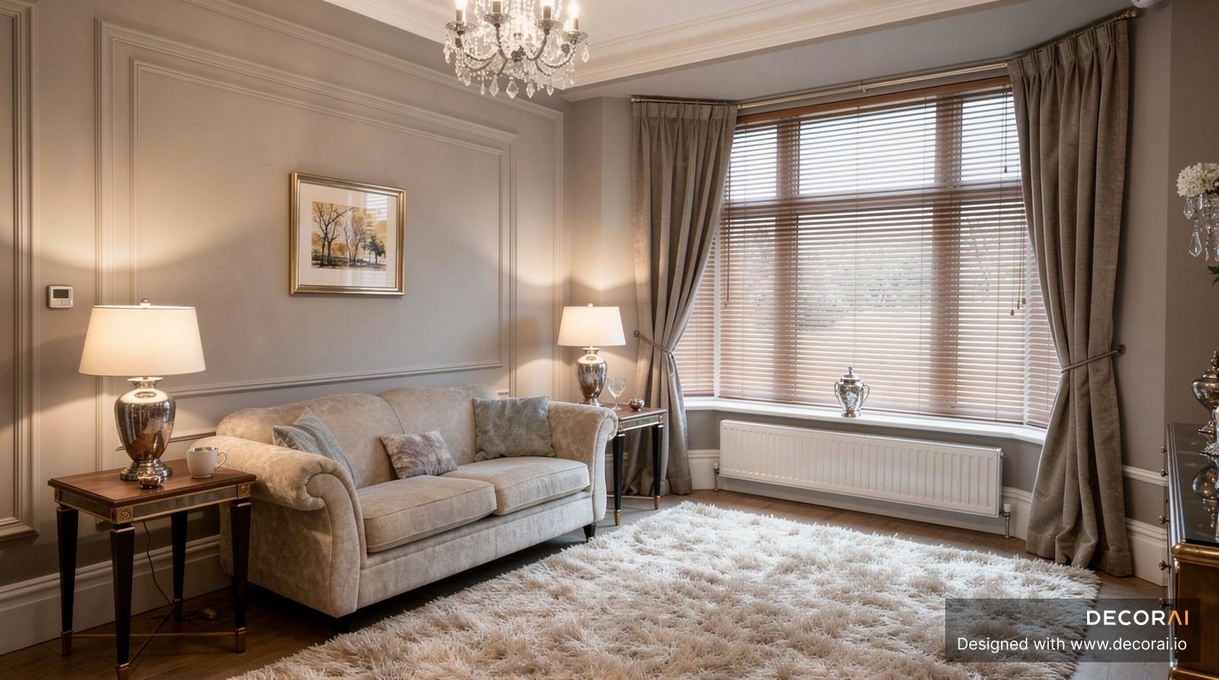 A Traditional living room with beige upholstered sofa, wooden side tables, soft gray curtains, large window blinds, crystal chandelier, and plush white rug.