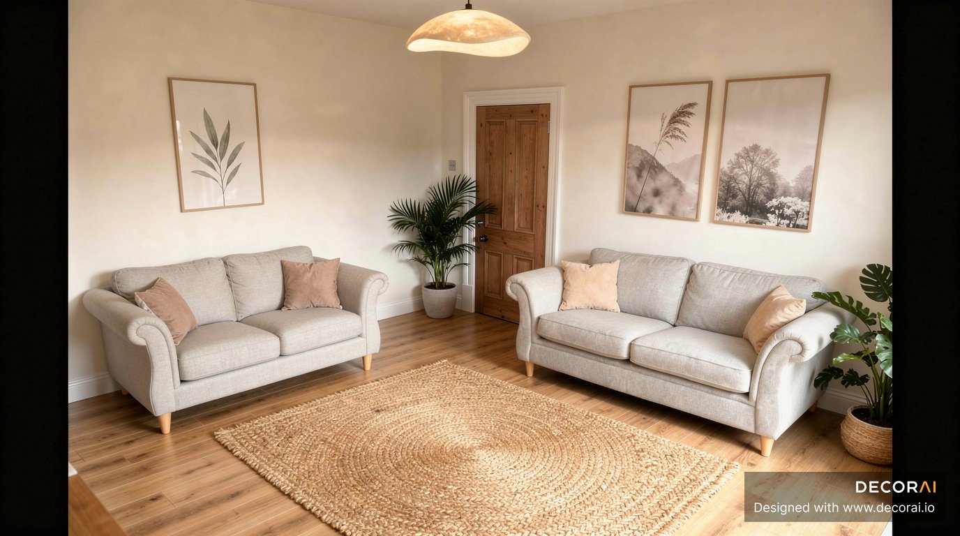 Scandinavian living room with neutral sofas, jute rug, wood flooring, and minimalist decor.